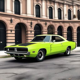 Generate an image of a classic muscle car with modern accessories and side skirts and body kit, like a 1970s Dodge Charger