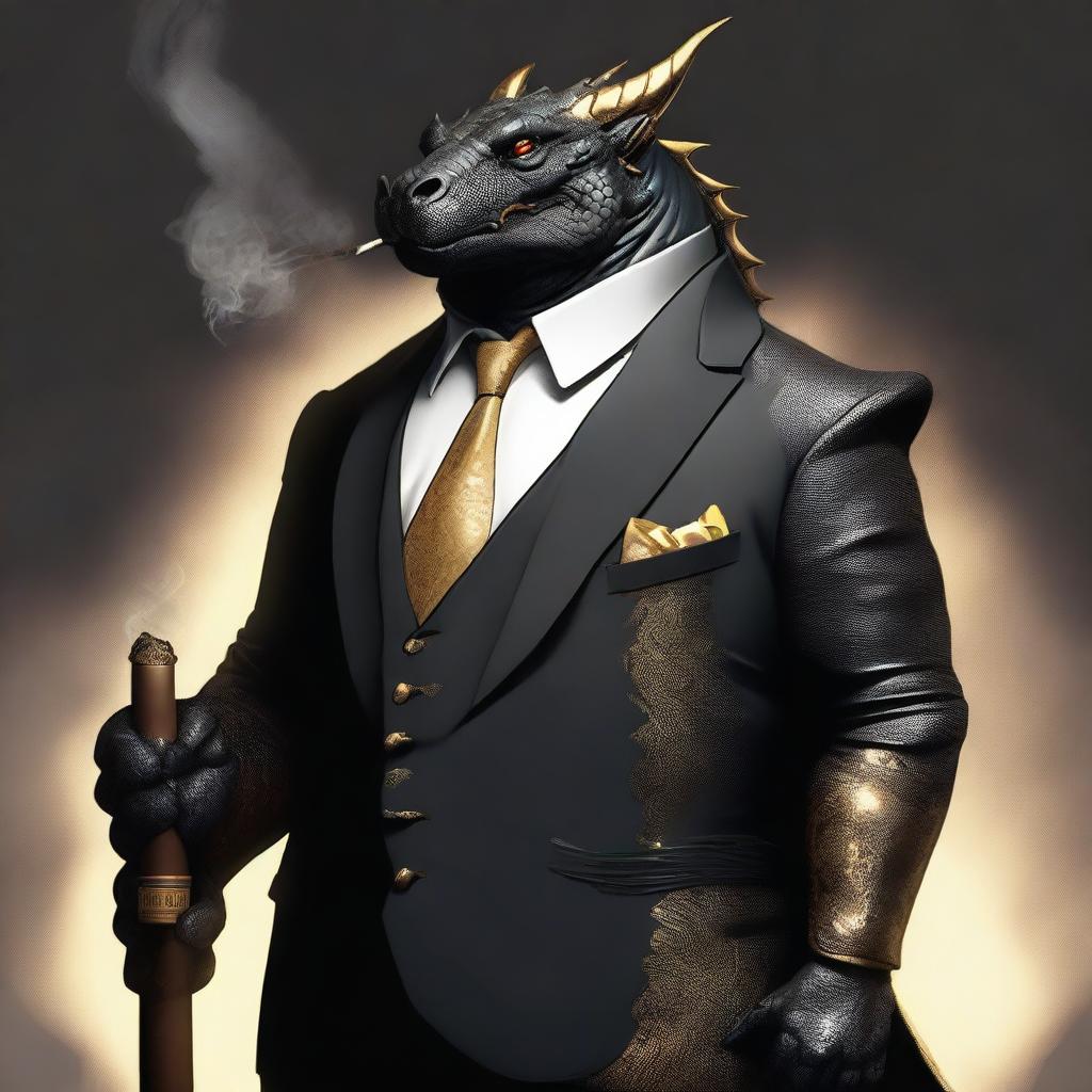 An overweight dragonborn with gold scales is depicted wearing a sleek black suit