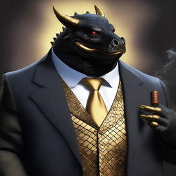 An overweight dragonborn with gold scales is depicted wearing a sleek black suit