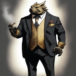 An overweight dragonborn with gold scales is depicted wearing a sleek black suit