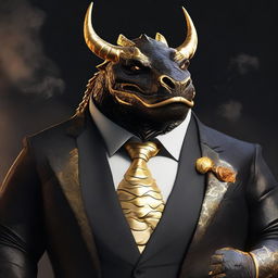 An overweight dragonborn with gold scales is depicted wearing a sleek black suit