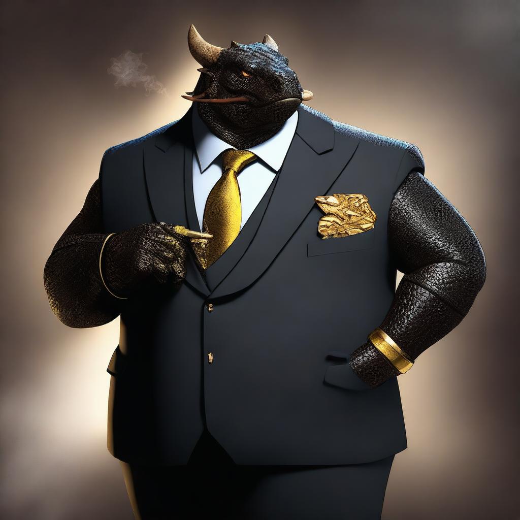 An overweight dragonborn with gold scales is depicted wearing a sleek black suit