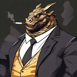 A comic art style depiction of an overweight dragonborn with gold scales wearing a sleek black suit