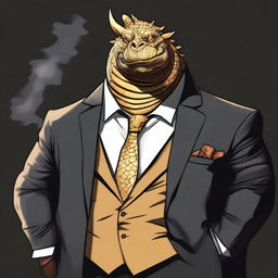 A comic art style depiction of an overweight dragonborn with gold scales wearing a sleek black suit