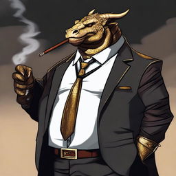 A comic art style depiction of an overweight dragonborn with gold scales wearing a sleek black suit