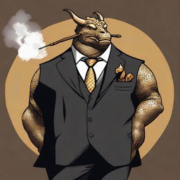 A comic art style depiction of an overweight dragonborn with gold scales wearing a sleek black suit