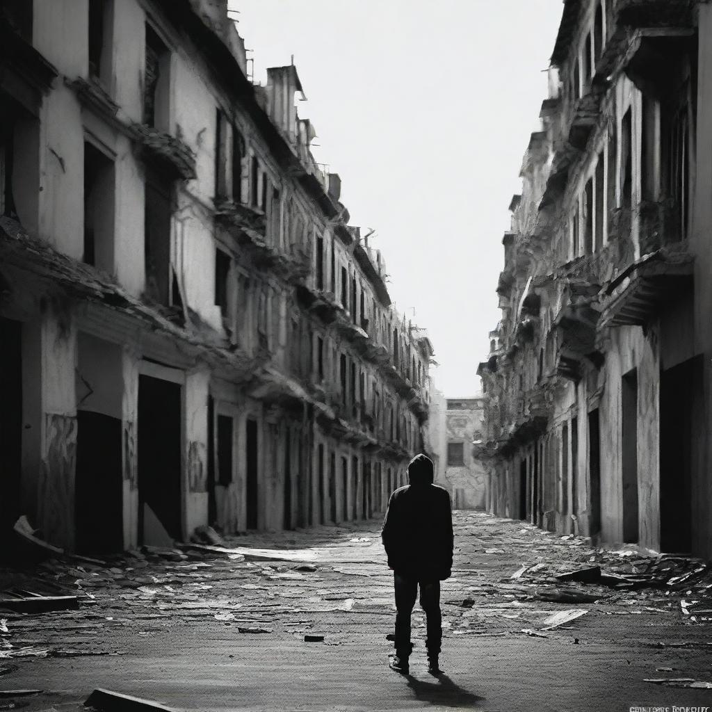 Una imagen de fondo de una ciudad abandonada y terrorífica, con edificios en ruinas y calles desiertas