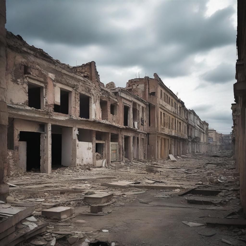 Una imagen de fondo de una ciudad abandonada y terrorífica, con edificios en ruinas y calles desiertas