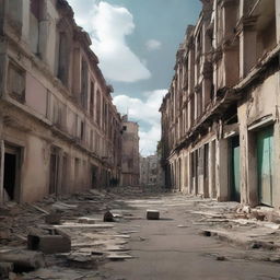 Una imagen de fondo de una ciudad abandonada y terrorífica, con edificios en ruinas y calles desiertas