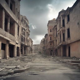 Una imagen de fondo de una ciudad abandonada y terrorífica, con edificios en ruinas y calles desiertas