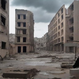 Una imagen de fondo de una ciudad abandonada y terrorífica, con edificios en ruinas y calles desiertas