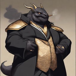 A comic art style depiction of an overweight dragonborn with gold scales wearing elegant black noble's robes