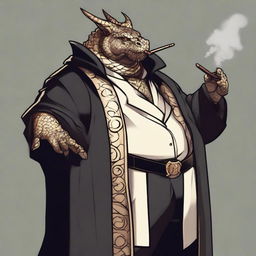 A comic art style depiction of an overweight dragonborn with gold scales wearing elegant black noble's robes