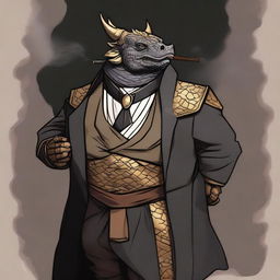 A comic art style depiction of an overweight dragonborn with gold scales wearing elegant black noble's robes