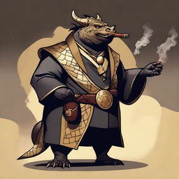 A comic art style depiction of an overweight dragonborn with gold scales wearing elegant black noble's robes