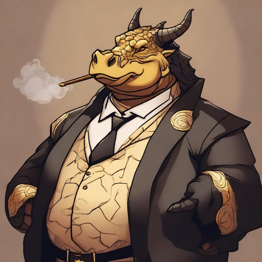 A comic art style depiction of an overweight dragonborn with gold scales wearing elegant black noble robes