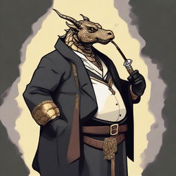 A comic art style depiction of an overweight dragonborn with gold scales wearing elegant black noble robes