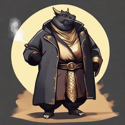 A comic art style depiction of an overweight dragonborn with gold scales wearing elegant black noble robes