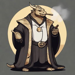 A comic art style depiction of an overweight dragonborn with gold scales wearing elegant black noble robes