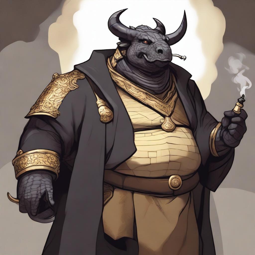 A comic art style depiction of an overweight dragonborn with gold scales wearing elegant black noble robes