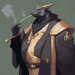 A comic art style depiction of an overweight dragonborn with gold scales wearing elegant black noble robes