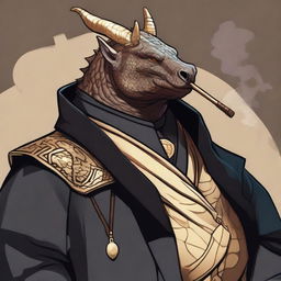 A comic art style depiction of an overweight dragonborn with gold scales wearing elegant black noble robes