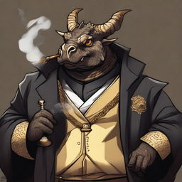 A comic art style depiction of an overweight dragonborn with gold scales wearing elegant black noble robes