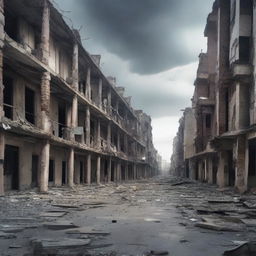 Una imagen de fondo de una ciudad abandonada y terrorífica, representada con un estilo súper hiperrealista