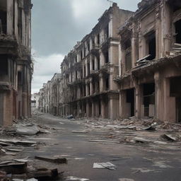 Una imagen de fondo de una ciudad abandonada y terrorífica, representada con un estilo súper hiperrealista