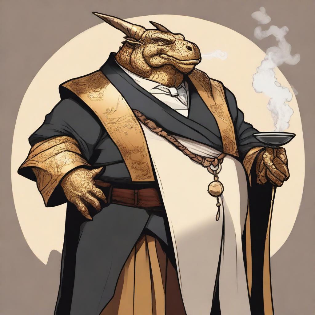 A comic art style depiction of an overweight gold dragonborn wearing elegant black noble's robes