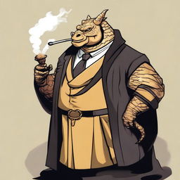 A comic art style depiction of an overweight gold dragonborn wearing elegant black noble's robes