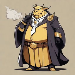 A comic art style depiction of an overweight gold dragonborn wearing elegant black noble's robes