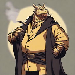 A comic art style depiction of an overweight gold dragonborn wearing elegant black noble's robes