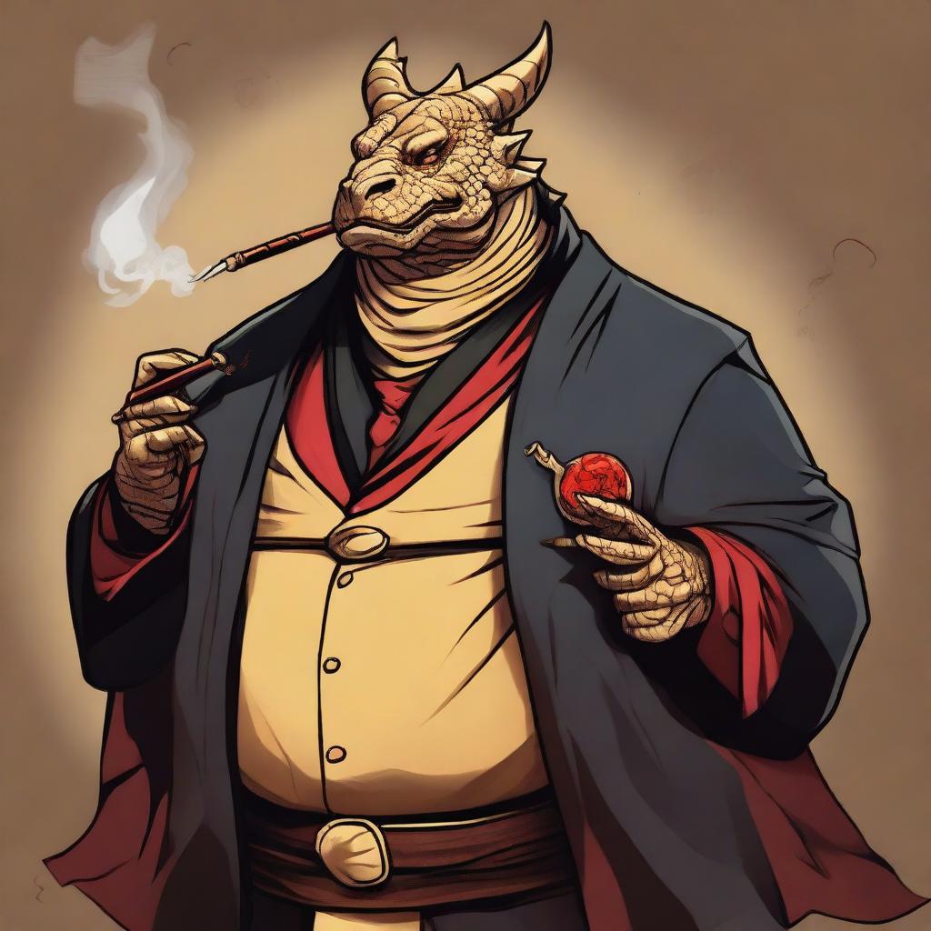 A comic art style depiction of an overweight gold dragonborn with red eyes wearing elegant black noble robes