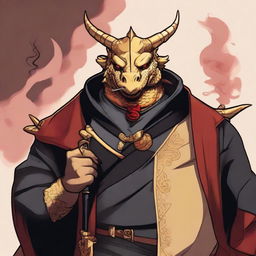 A comic art style depiction of an overweight gold dragonborn with red eyes wearing elegant black noble robes
