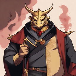 A comic art style depiction of an overweight gold dragonborn with red eyes wearing elegant black noble robes