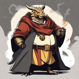 A comic art style depiction of an overweight gold dragonborn with red eyes wearing elegant black noble robes