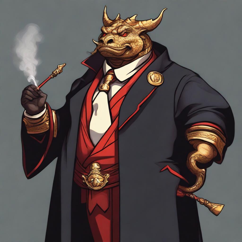 A comic art style depiction of an overweight gold dragonborn with red eyes wearing elegant black noble robes