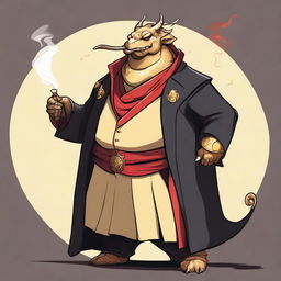 A comic art style depiction of an overweight gold dragonborn with red eyes wearing elegant black noble robes