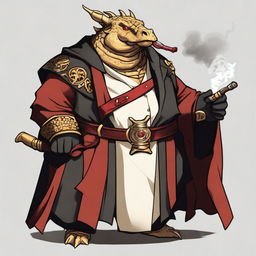 A comic art style depiction of an overweight gold dragonborn with red eyes wearing elegant black noble robes