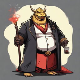 A comic art style depiction of an overweight gold dragonborn with red eyes wearing elegant black noble robes