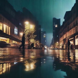 Una imagen de fondo de una ciudad de noche, con lluvia cayendo intensamente, representada con un estilo súper hiperrealista