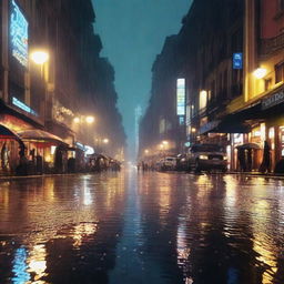 Una imagen de fondo de una ciudad de noche, con lluvia cayendo intensamente, representada con un estilo súper hiperrealista