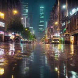 Una imagen de fondo de una ciudad de noche, con lluvia cayendo intensamente, representada con un estilo súper hiperrealista