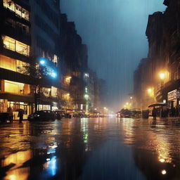 Una imagen de fondo de una ciudad de noche, con lluvia cayendo intensamente, representada con un estilo súper hiperrealista