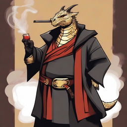 A comic art style depiction of an overweight gold dragonborn with red eyes wearing elegant black noble robes