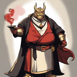 A comic art style depiction of an overweight gold dragonborn with red eyes wearing elegant black noble robes