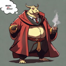 A comic art style depiction of an overweight gold dragonborn with red eyes wearing elegant black noble robes