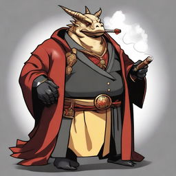 A comic art style depiction of an overweight gold dragonborn with red eyes wearing elegant black noble robes