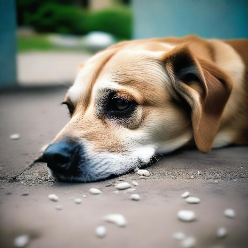 Una imagen de un perro abandonado y súper triste, representado con un estilo súper hiperrealista